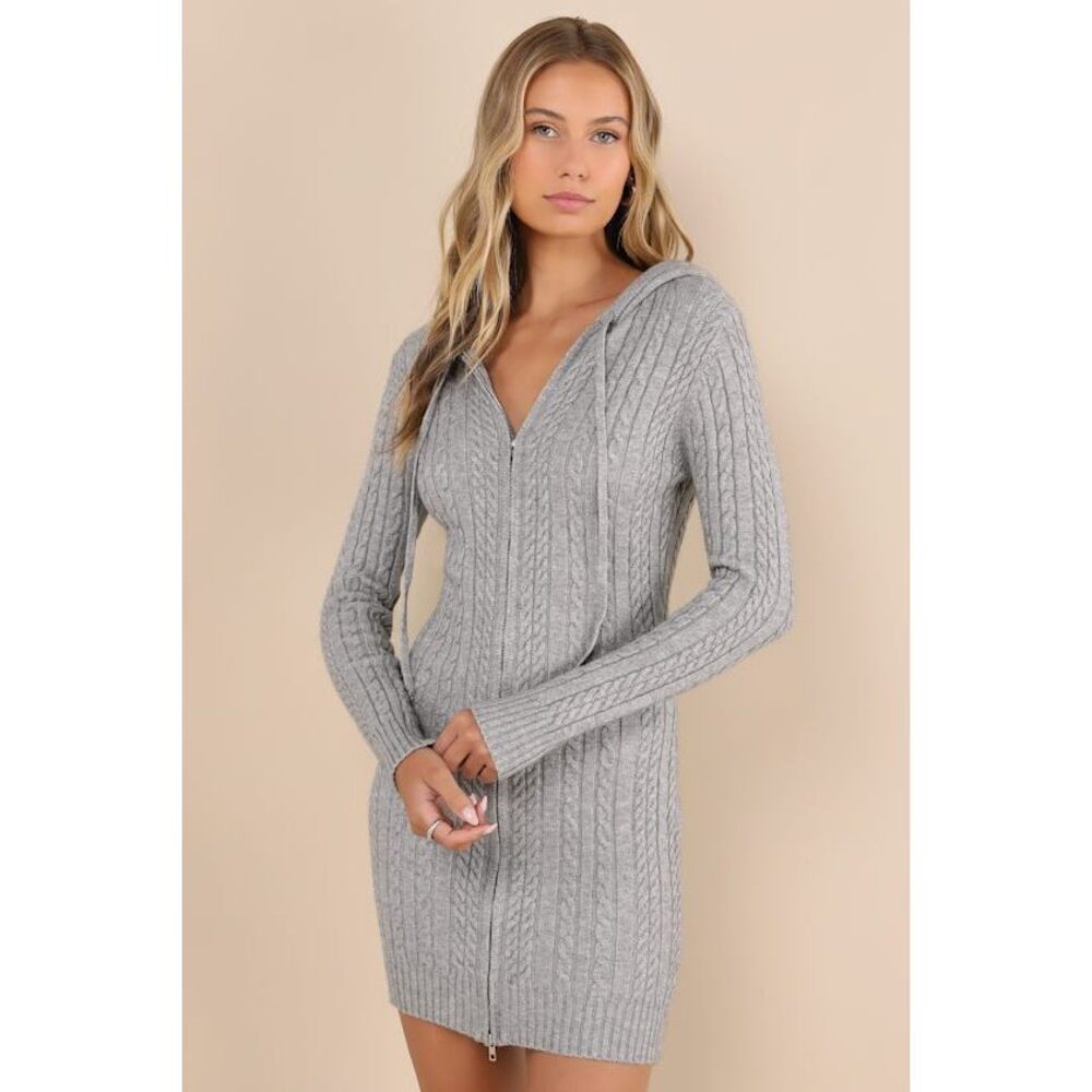 Lulus Cozy Aura Grey Cable Knit Zip-front Hooded Sweater Mini Dress - Size S